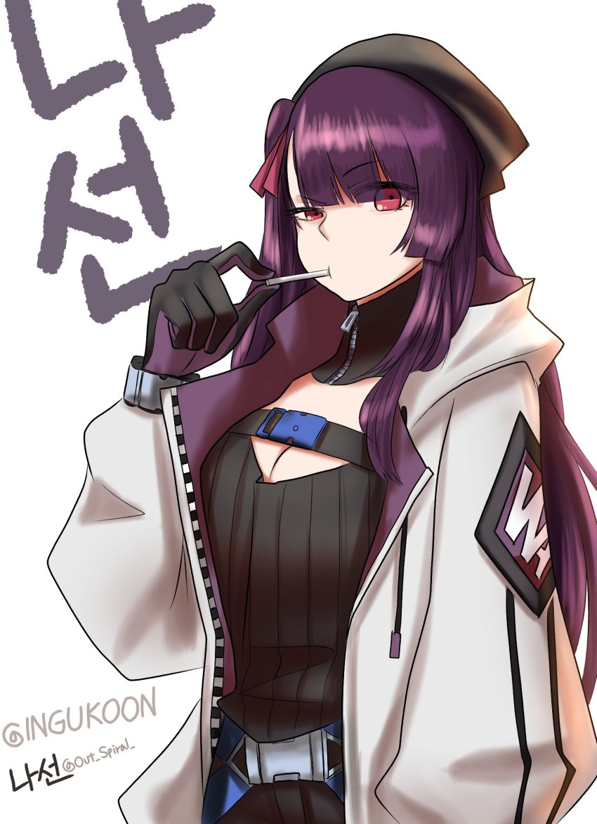 1girl, aa-12_(girls'_frontline)_(cosplay), candy, cosplay, food, girls'_frontline, highres, ingukoon, korean_text, lollipop, solo, twitter, twitter_username, wa2000_(girls'_frontline)