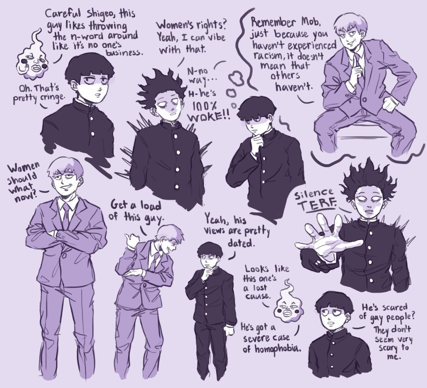 2boys, angie_m, blank_eyes, blush_stickers, bowl_cut, collared_shirt, commentary, ekubo_(mob_psycho_100), english_commentary, english_text, formal_clothes, gakuran, grin, hand_on_own_chin, highres, jacket, kageyama_shigeo, limited_palette, male_focus, mob_psycho_100, multiple_boys, outstretched_hand, pants, pun, purple_background, reigen_arataka, school_uniform, shirt, simple_background, sitting, smile, speech_bubble, spirit, suit, thought_bubble, wing_collar