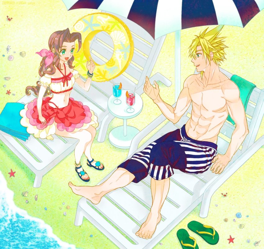 1boy, 1girl, 39cva, aerith_gainsborough, barefoot, beach, beach_chair, beach_towel
