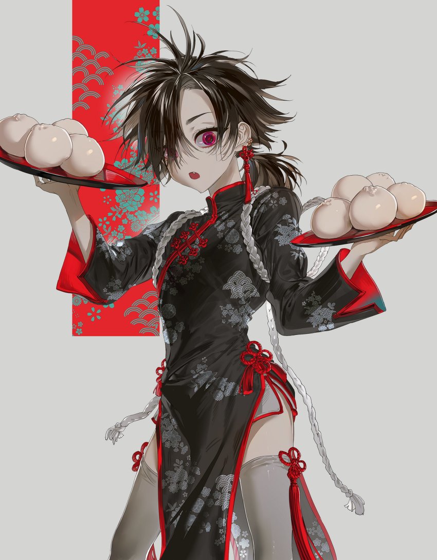 1boy, absurdres, aiguillette, steamed_bun, black_dress, china_dress, chinese_clothes, dress