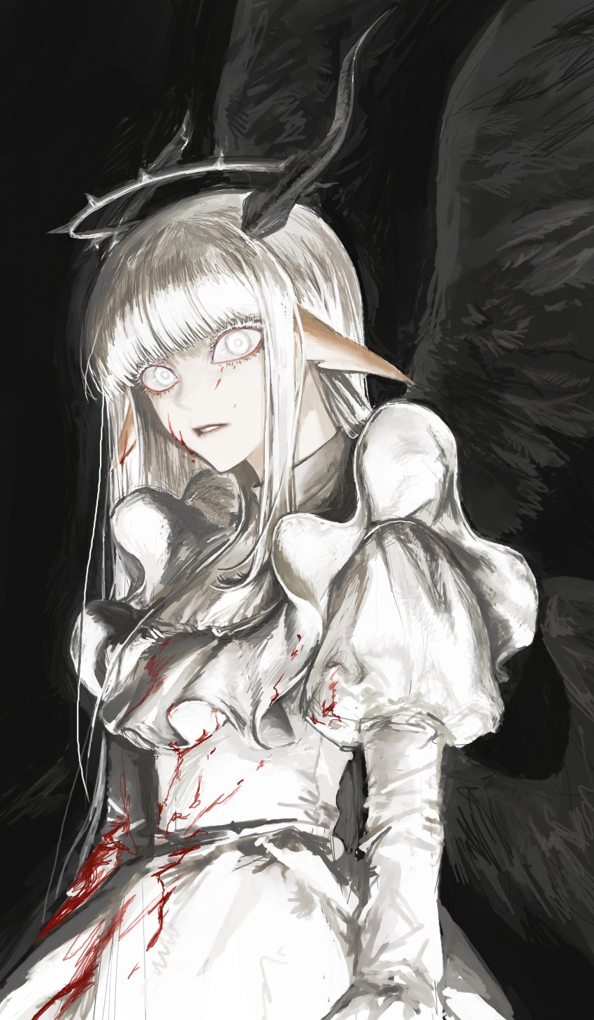 1girl, absurdres, arms_at_sides, black_background, black_wings, blood, blood_on_clothes, blood_on_face