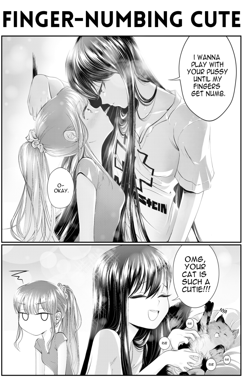 2girls, 2koma, :d, animal, bait_and_switch, band_shirt, blush, breasts