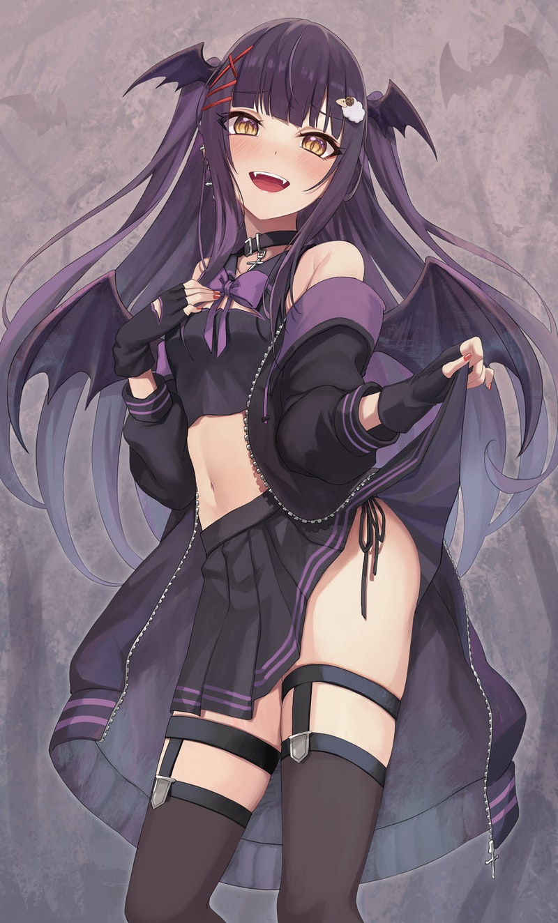 1girl, bare_shoulders, bat_wings, black_collar, black_gloves, black_hair, black_jacket, black_panties