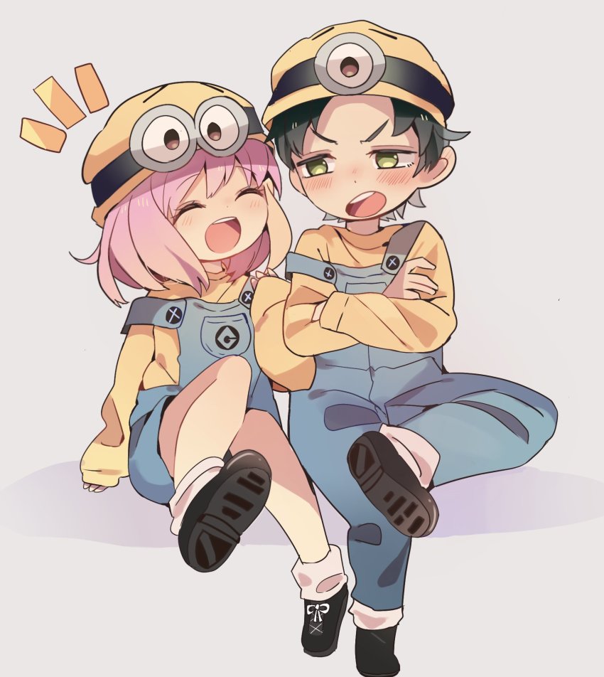 1boy, 1girl, :d, anya_(spy_x_family), black_hair, child, closed_eyes, damian_desmond