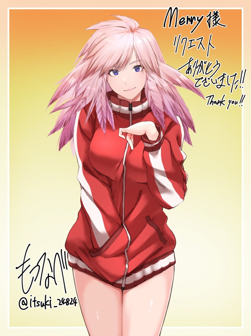 1girl, angel, bare_legs, blue_eyes, breasts, cosplay, gabriel_(granblue_fantasy), gabriel_dropout, gabriel_tenma_white, gabriel_tenma_white_(cosplay), gradient_background, granblue_fantasy, hand_in_pocket, highres, itsuki_24824, jacket, long_hair, looking_at_viewer, name_connection, pink_hair, signature, simple_background, solo, track_jacket, twitter_username