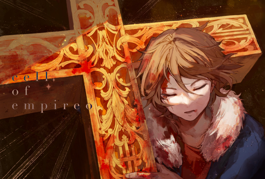 1boy, blood_from_forehead, blood, blood_on_face, blood_on_hands, blue_jacket, brown_hair, chinese_commentary