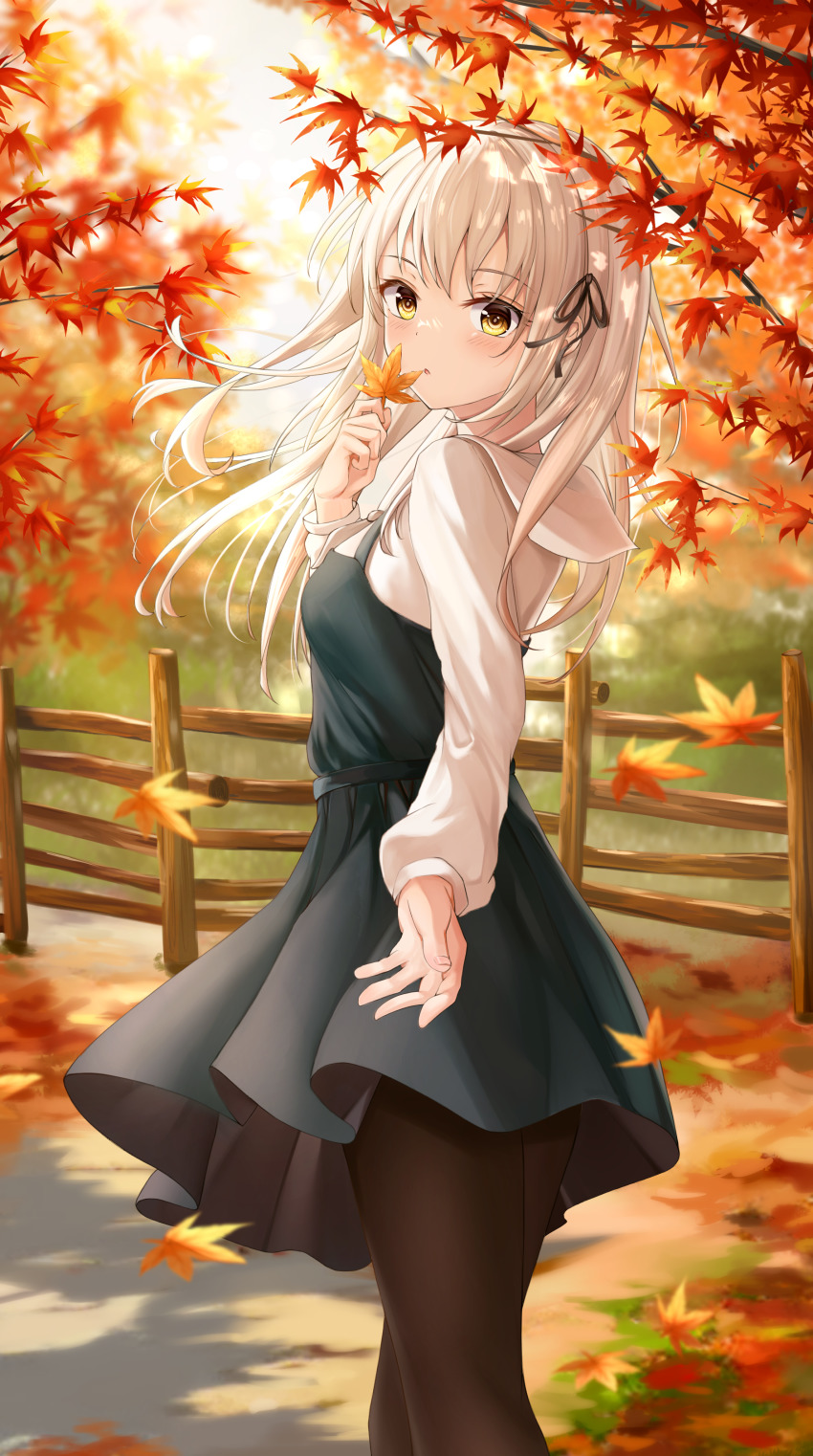 1girl, :o, absurdres, autumn, autumn_leaves, backlighting, belt, black_pantyhose