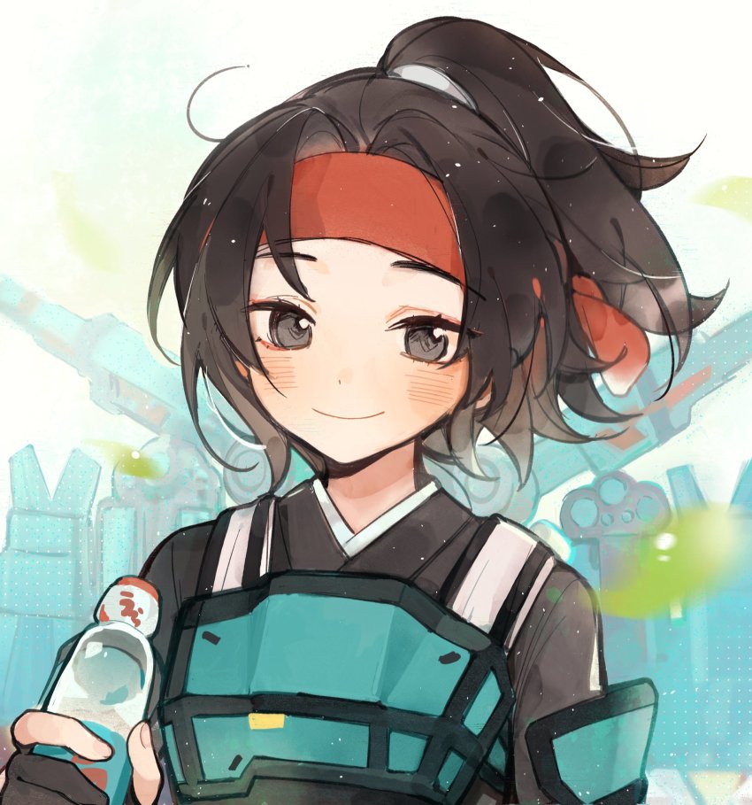 1girl, animification, apex_legends, black_eyes, black_hair, black_jacket, blush, bottle, cloud_marauder_valkyrie, headband, highres, holding, holding_bottle, jacket, jetpack, looking_at_viewer, official_alternate_costume, ponytail, portrait, ramune, red_headband, smile, solo, valkyrie_(apex_legends), yuuu_(maruunaka)