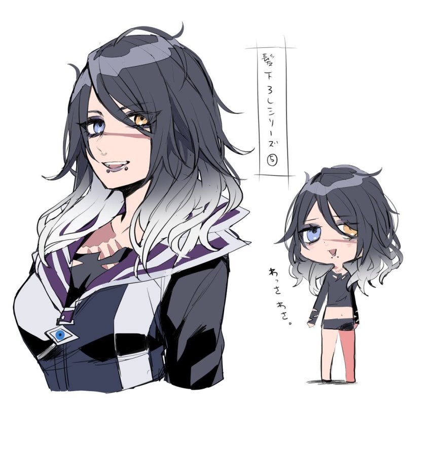 1girl, animification, black_hair, black_jacket, black_shirt, black_shorts, blue_eyes, chibi