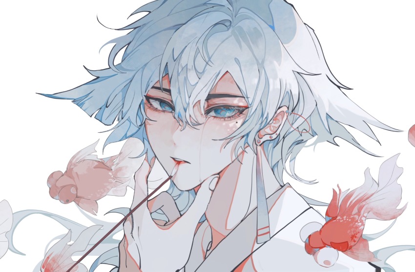 1boy, applying_makeup, applying_own_makeup, blue_eyes, bob_cut, crying, crying_with_eyes_open, daleth_(sky:_children_of_the_light)