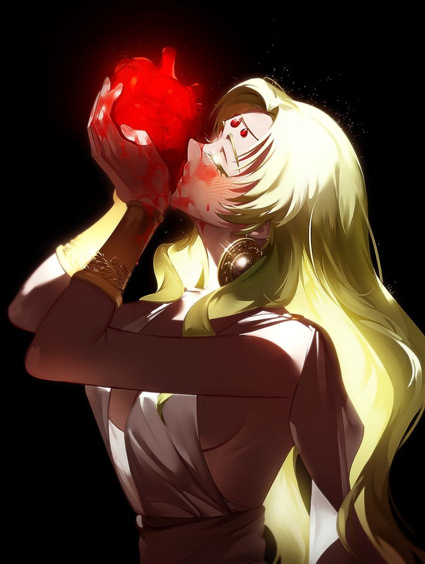 1girl, ancient_greek_clothes, arm_guards, bare_shoulders, black_background, blonde_hair, blood, blood_on_face