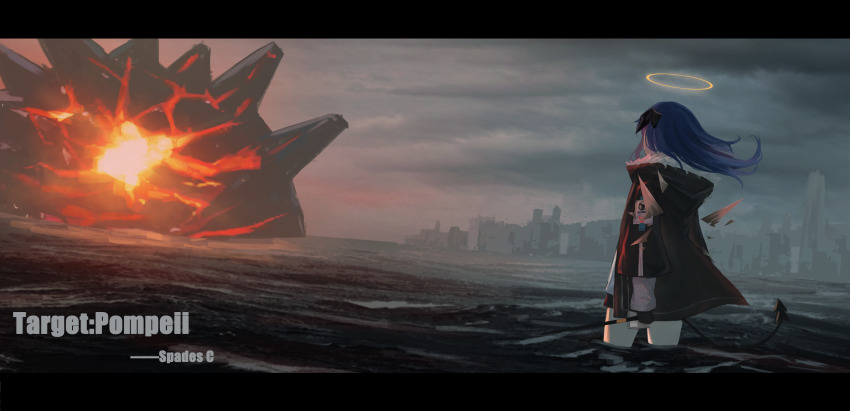 1girl, absurdres, arknights, black_gloves, black_jacket, black_shorts, blue_hair, character_name, city, de4d_fish, demon_horns, demon_tail, detached_wings, energy_wings, evening, facing_away, from_behind, fur-trimmed_hood, fur_trim, gloves, glowing, grey_sky, halo, highres, hood, hood_down, hooded_jacket, horns, jacket, letterboxed, long_hair, long_sleeves, monster, mostima_(arknights), overcast, pompeii_(arknights), scenery, shirt, short_shorts, shorts, sky, solo, tail, wading, water, white_shirt, wide_shot, wind, wings