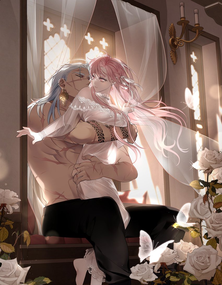 1boy, 1girl, abs, absurdres, arm_tattoo, bare_shoulders, barefoot, black_pants