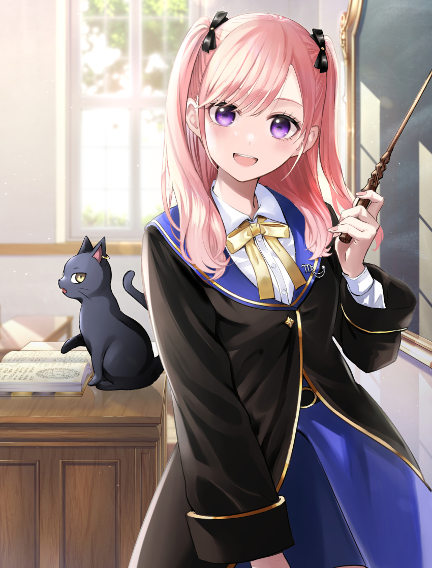 1girl, :d, absurdres, animal, black_bow, black_cat, black_jacket, blue_skirt
