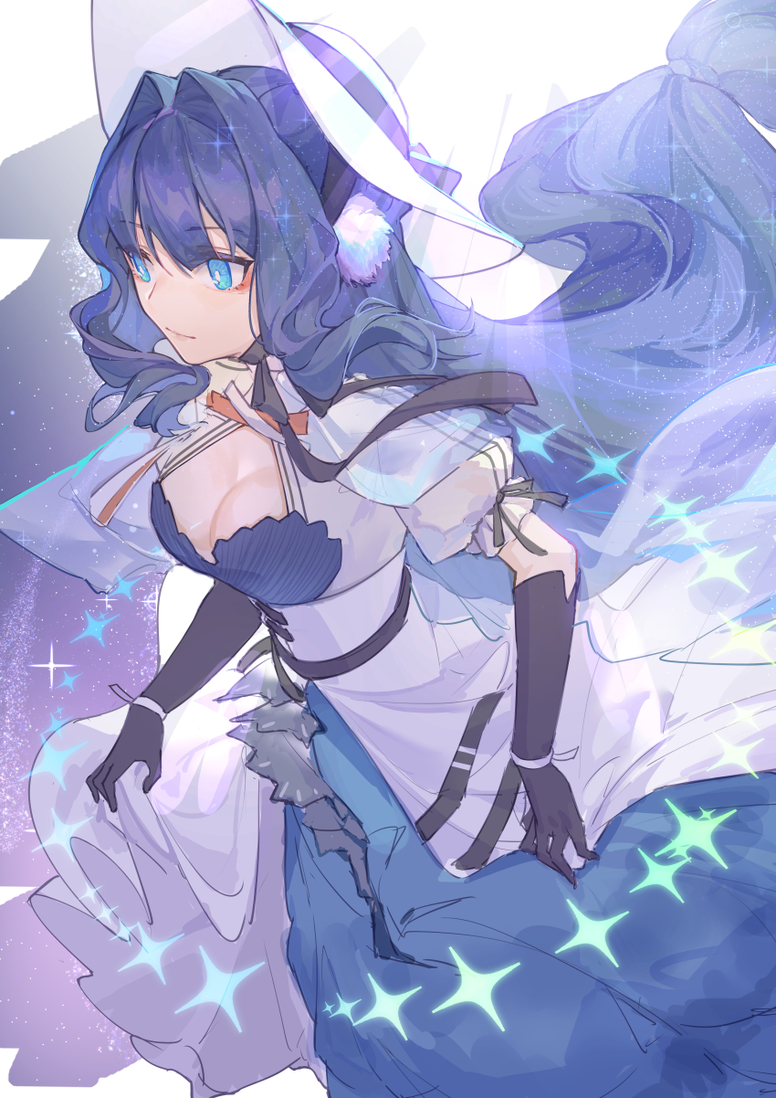 1girl, absurdres, arknights, astesia_(arknights), astesia_(starseeker)_(arknights), black_gloves, black_ribbon, blue_dress