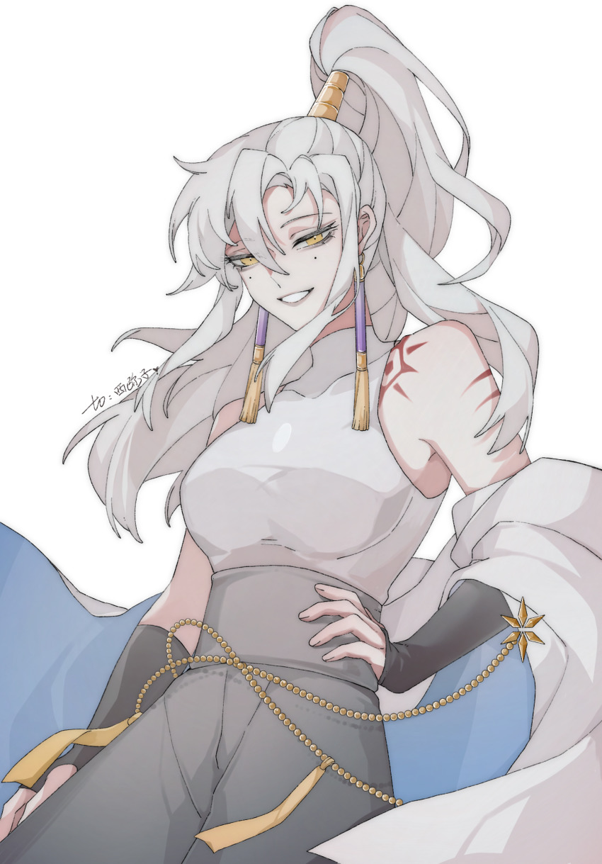 1girl, black_gloves, cape, chain, chuo4016, earrings, gloves, high_ponytail, highres, jewelry, long_hair, mole, mole_under_eye, ponytail, prophet_of_water, shoulder_tattoo, sky:_children_of_the_light, smile, solo, tassel, tattoo, white_background, yellow_eyes