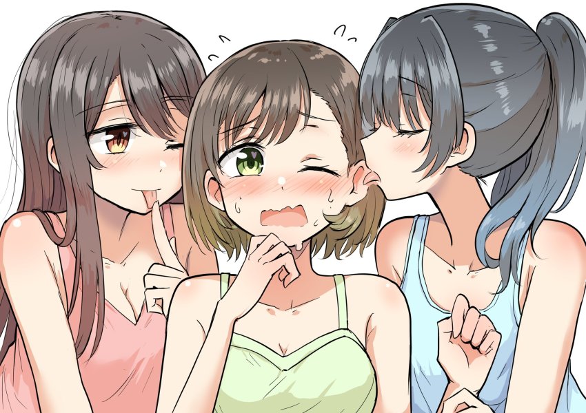 betock, ear_licking, finger_on_tongue, highres, licking, long_hair, ponytail, short_hair, tongue, tongue_out, yuri