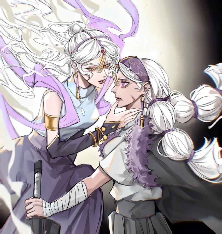 2girls, blonde_hair, couple, floating, floating_hair, from_side, fur, hair_bun, hair_ornament, highres, jewelry, long_hair, looking_at_another, multiple_girls, playfighting_herbalist, profile, single_hair_bun, sky:_children_of_the_light, snoozing_carpenter, sword, tassel, tassel_hair_ornament, twintails, very_long_hair, wavy_hair, weapon, white_hair, xiaoniaodenanpiao, yuri