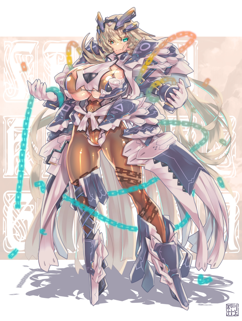1girl, aqua_eyes, blonde_hair, bodysuit, breasts, cameltoe, chain, commission