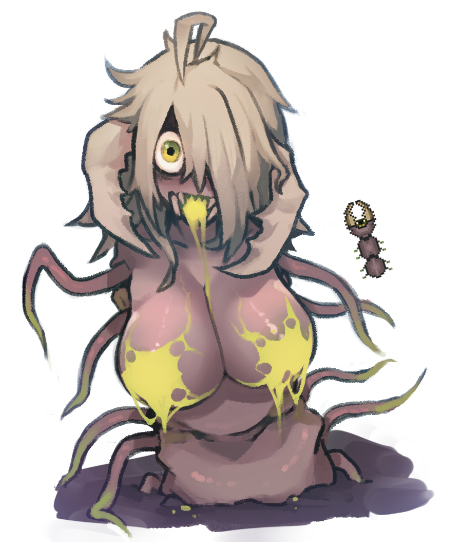 1girl, ahoge, breasts, burrowing, clinger_(terraria), colored_nipples, commentary, english_commentary, fangs, green_eyes, grey_hair, hair_over_one_eye, large_breasts, long_hair, looking_at_viewer, mandibles, monster_girl, nude, nyong_nyong, personification, poison, reference_inset, saliva, simple_background, solo, tentacles, terraria, white_background, worm, worm_girl