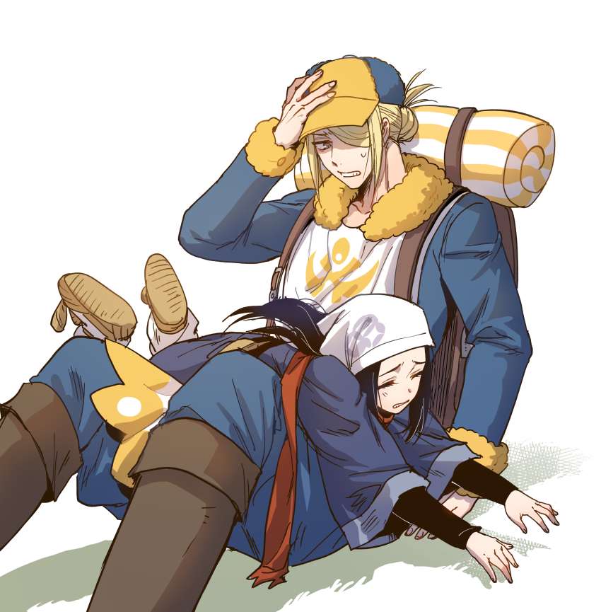 1boy, 1girl, absurdres, akari_(pokemon), backpack, bag, black_hair, black_shirt