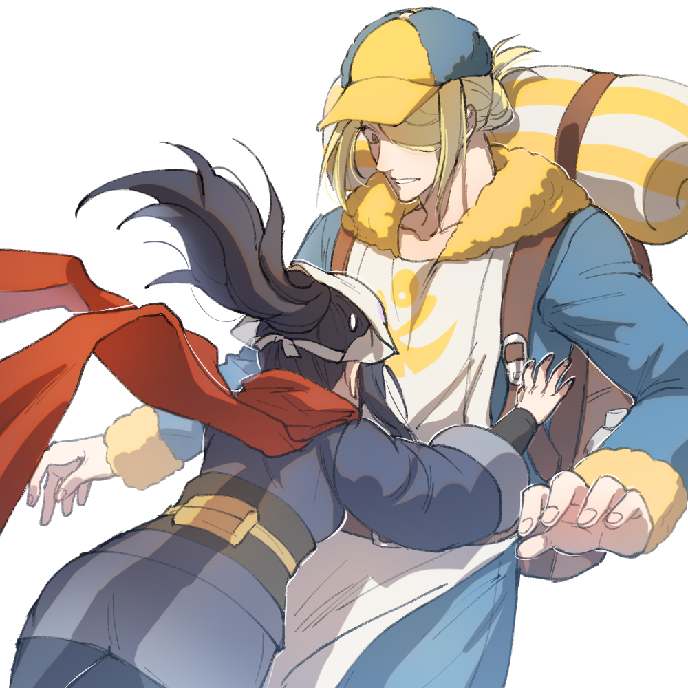 1boy, 1girl, akari_(pokemon), backpack, bag, belt, black_hair, black_shirt