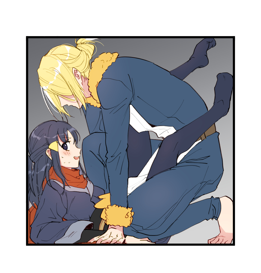 1boy, 1girl, absurdres, akari_(pokemon), barefoot, belt, black_hair, black_sash, blonde_hair, blush, border, brown_belt, commentary_request, from_side, fur_trim, grey_jacket, hair_ornament, hairclip, highres, jacket, jumpsuit, korean_commentary, long_hair, long_sleeves, nintendo, no_shoes, ogyupoke, on_one_knee, open_mouth, pantyhose, pokemon, pokemon_legends:_arceus, sash, short_hair, sidelocks, sweat, teeth, toes, upper_teeth_only, volo_(pokemon), white_border