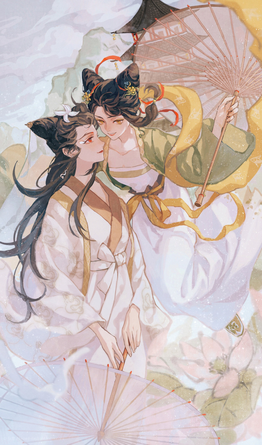 2girls, brown_hair, chinese_clothes, cloud, coat, cone_hair_bun, day, daylight919, double_bun, earrings, eyeliner, floating_hair, flower, flying, green_jacket, hagoromo, hair_bun, hair_flower, hair_ornament, half_updo, hand_up, hanfu, highres, holding, holding_umbrella, jacket, jewelry, long_hair, long_sleeves, lotus, makeup, mountain, multiple_girls, jiangnan_baijingtu, outdoors, pagoda, profile, red_eyes, red_lips, red_ribbon, ribbon, robe, sash, shawl, shoes, sidelocks, standing, transparent, transparent_umbrella, umbrella, updo, veil, white_coat, white_robe, wide_sleeves, yellow_eyes