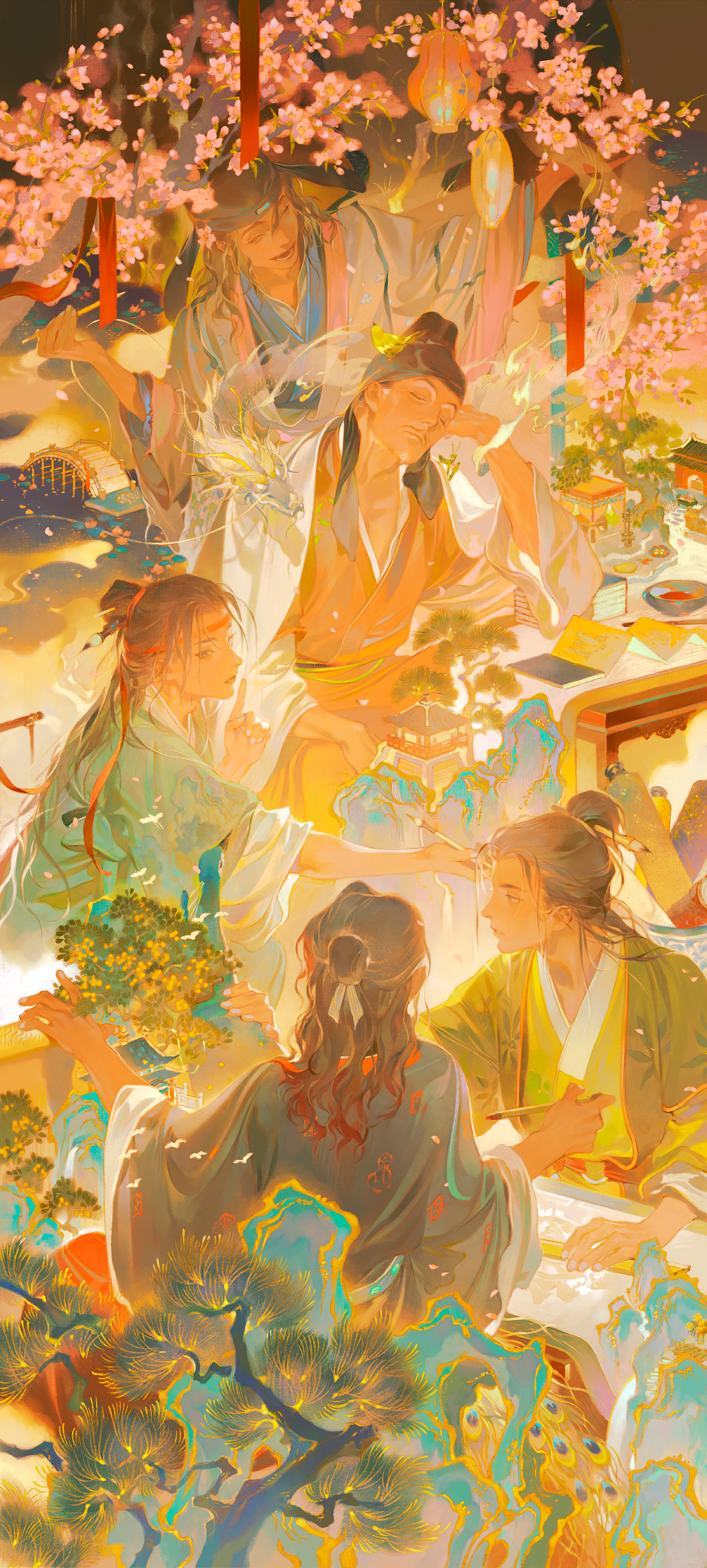 5boys, ^_^, animal, animal_on_head, architecture, beard, bird, bird_on_head