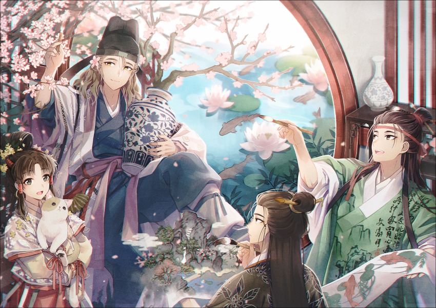 1girl, 3boys, :d, animal, black_headwear, blonde_hair, blue_robe, branch, brown_hair, calico_(pattern), chinese_clothes, coat, fish, flower, futou, green_robe, guan_hat, hair_between_eyes, hair_bun, hair_flower, hair_ornament, hair_pulled_back, hair_stick, hair_tubes, hakusai_(tiahszld), hand_up, hanfu, headband, highres, holding, holding_animal, holding_paintbrush, holding_vase, indoors, jiangnan_baijingtu, jin_(headwear), leaf, leg_warmers, light_brown_hair, lily_pad, long_hair, long_sleeves, looking_at_another, looking_at_viewer, looking_away, looking_to_the_side, lotus, moon_gate, multiple_boys, open_mouth, paintbrush, paintbrush_hair_ornament, painting_(object), pink_flower, pointing, pointing_at_another, pond, profile, robe, sash, scroll, shelf, shen_zhou, sidelocks, single_hair_bun, sitting, sleeves_rolled_up, smile, standing, tang_jin_(headwear), tang_yin, through_medium, through_painting, through_screen, vase, water_lily_flower, wide_sleeves, yellow_flower