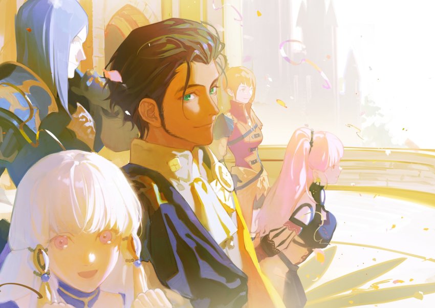 2boys, 3girls, armor, ascot, black_hair, claude_von_riegan, claude_von_riegan_(timeskip), closed_mouth