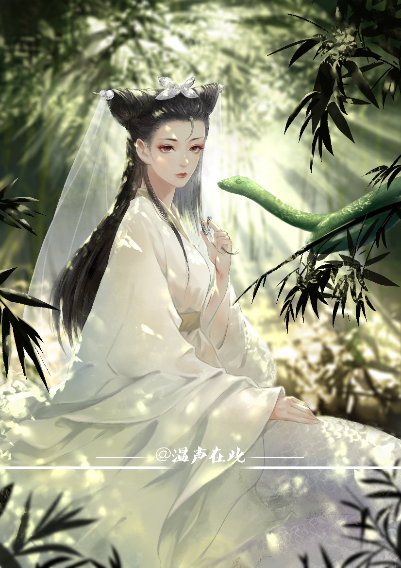 1girl, animal, bai_suzhen, bamboo, bamboo_forest, beads, blurry, breasts, brown_eyes, chinese_clothes, closed_mouth, dappled_sunlight, day, depth_of_field, eyeliner, flower, forest, hair_beads, hair_flower, hair_ornament, hair_pulled_back, twirling_hair, half_updo, hand_up, hanfu, lamia, long_hair, long_sleeves, looking_at_viewer, makeup, monster_girl, nature, jiangnan_baijingtu, red_lips, robe, sash, sitting, snake, sunlight, veil, wensheng, white_robe, white_theme, wide_sleeves