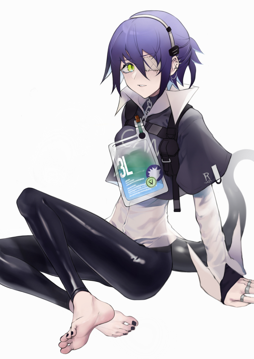 1girl, absurdres, arknights, asbestos_(arknights), asbestos_(glen_sonata)_(arknights), barefoot, black_nails, chain, ear_piercing, eyepatch, feet, full_body, green_eyes, hand_on_floor, harness, highres, jewelry, leggings, looking_at_viewer, nail_polish, on_floor, open_mouth, piercing, purple_hair, ring, saiun_sigma, short_hair, soles, solo, tail, toenail_polish, toenails, toes, white_background