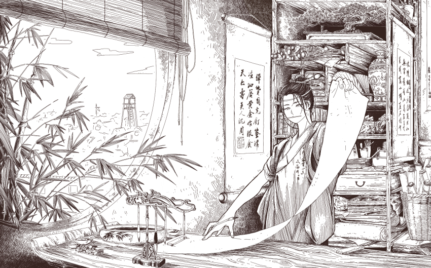 1boy, arm_up, bamboo, bamboo_screen, bare_arms, basket, book, brush_rest