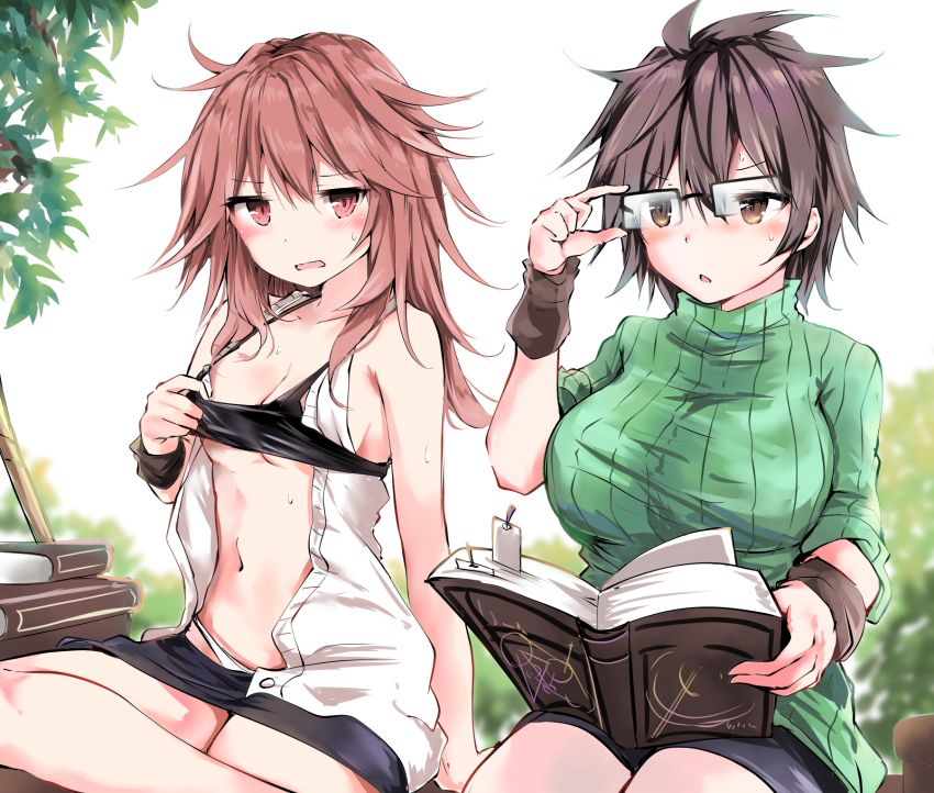 2girls, arm_behind_back, arm_support, aussa_(yu-gi-oh!), aussa_the_earth_charmer, bandeau, bandeau_lift, bare_shoulders