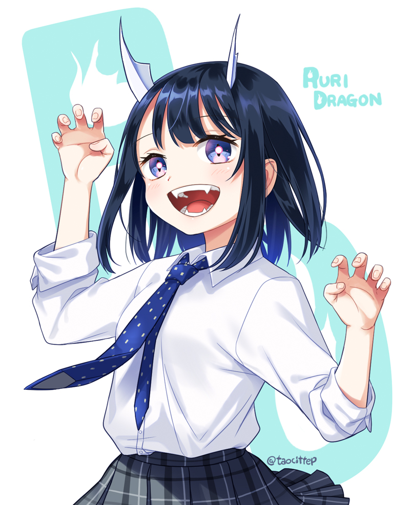 1girl, :d, aoki_ruri, arm_up, blue_eyes, blue_hair, blue_necktie, blush