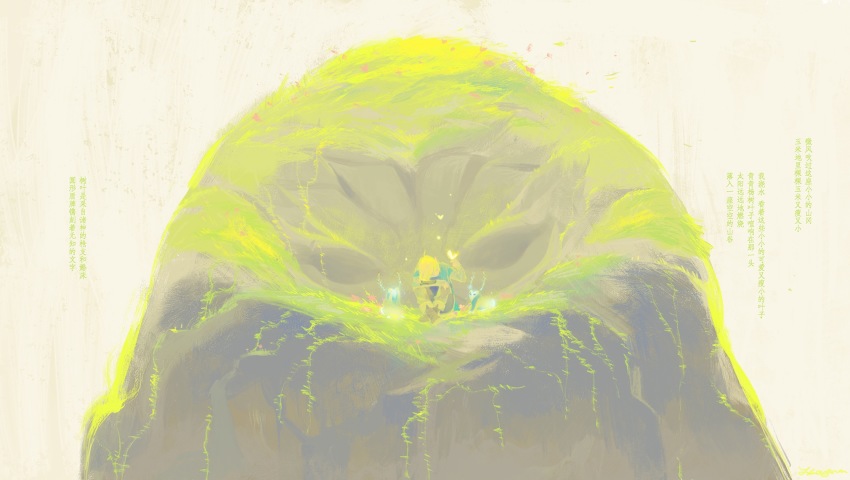 1boy, arm_rest, blonde_hair, blue_tunic, bug, butterfly, butterfly_on_hand, day