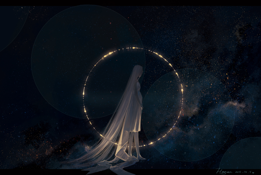 1girl, absurdly_long_hair, bare_arms, barefoot, breasts, circle, dated, dress, from_side, glowing, hengwen, letterboxed, light_particles, long_hair, original, outside_border, pregnant, signature, solo, standing, straight_hair, train_(clothing), very_long_hair, white_dress, white_hair, wide_shot