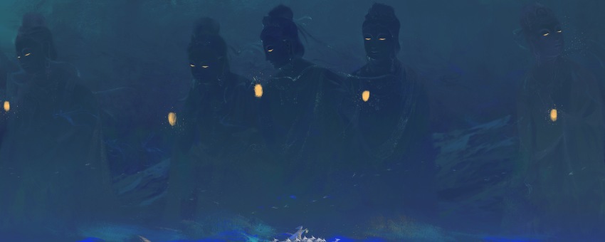 1other, absurdres, animal, blue_theme, cloak, flock, from_side, glowing