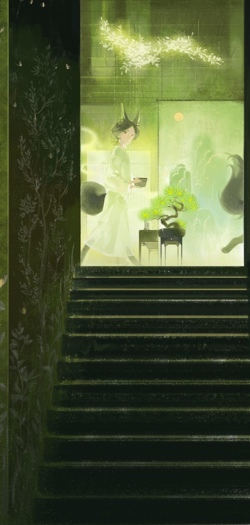 1girl, absurdres, animal_ears, animal_feet, black_hair, bonsai, ceiling, fox_ears