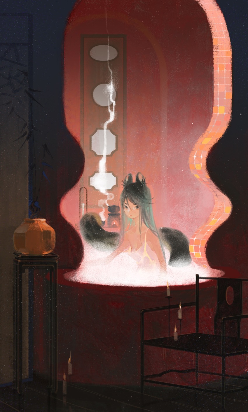 1girl, absurdres, animal_ears, bath, bathing, black_hair, bottle, breasts