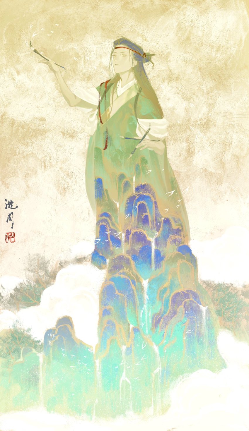 1boy, arm_up, blending, brown_hair, chinese_clothes, cloud, double_exposure, green_robe