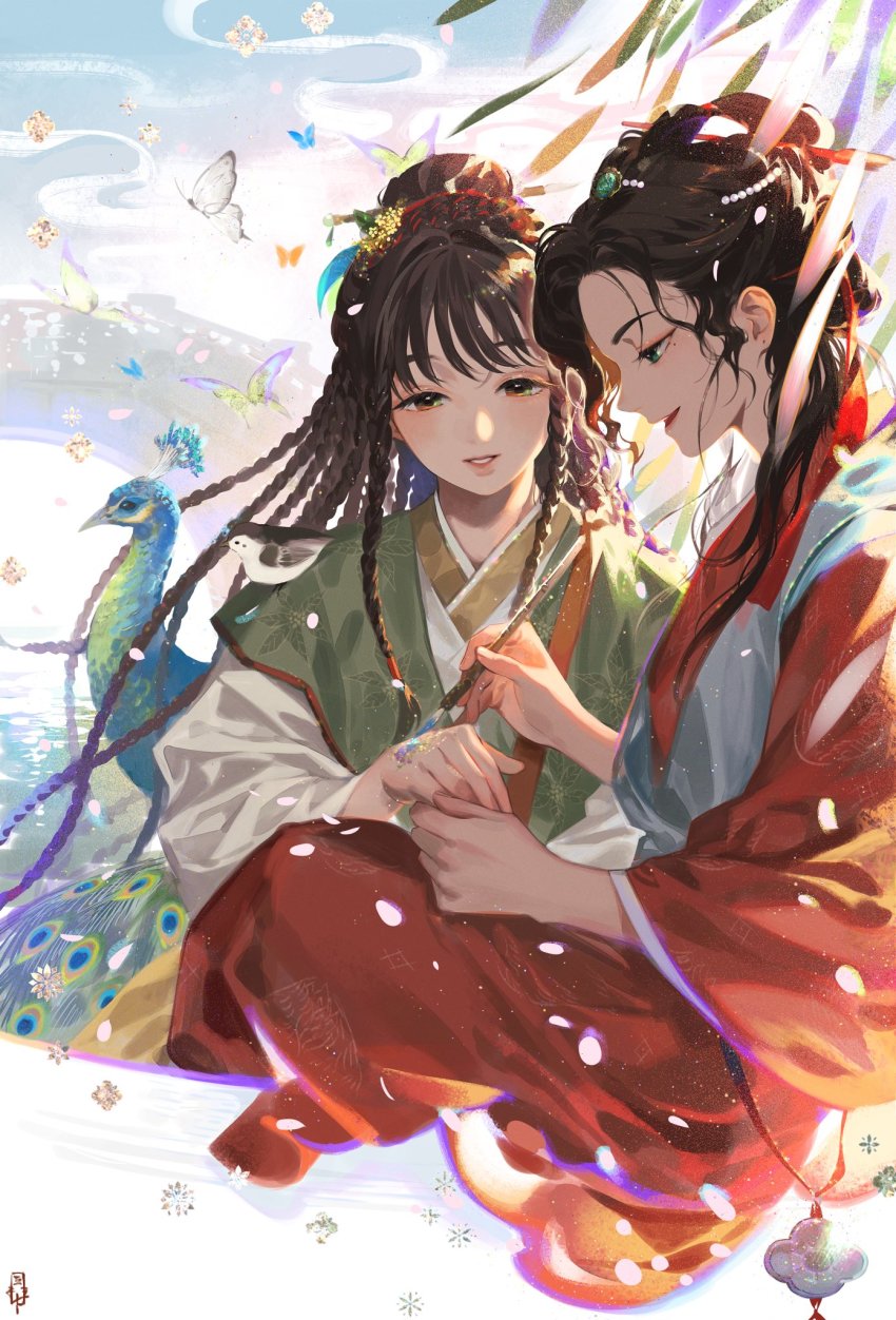 2girls, animal, animal_on_shoulder, beads, bird, bird_on_shoulder, black_hair, boat