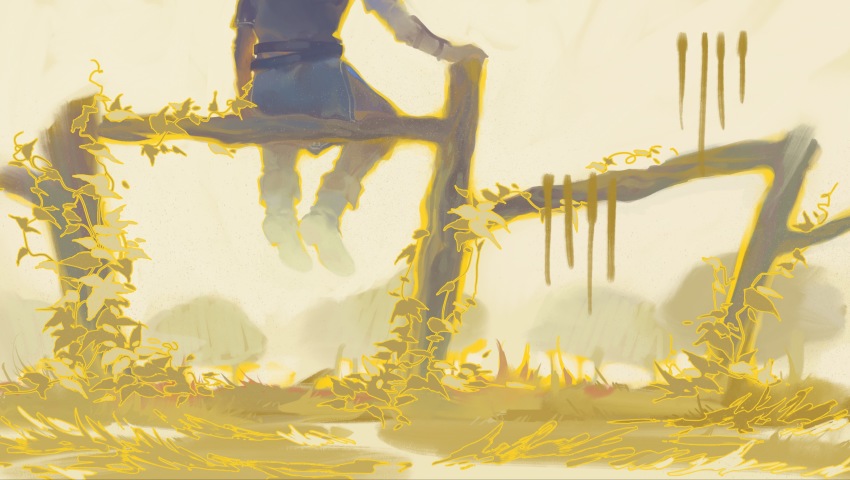 1boy, arm_at_side, arm_guards, asymmetrical_sleeves, belt, blue_tunic, boots, fence, from_behind, grass, head_out_of_frame, hengwen, highres, link, long_sleeves, male_focus, nintendo, outstretched_arm, pants, plant, shoe_soles, short_sleeves, sitting, sitting_on_fence, solo, the_legend_of_zelda, tunic, vines