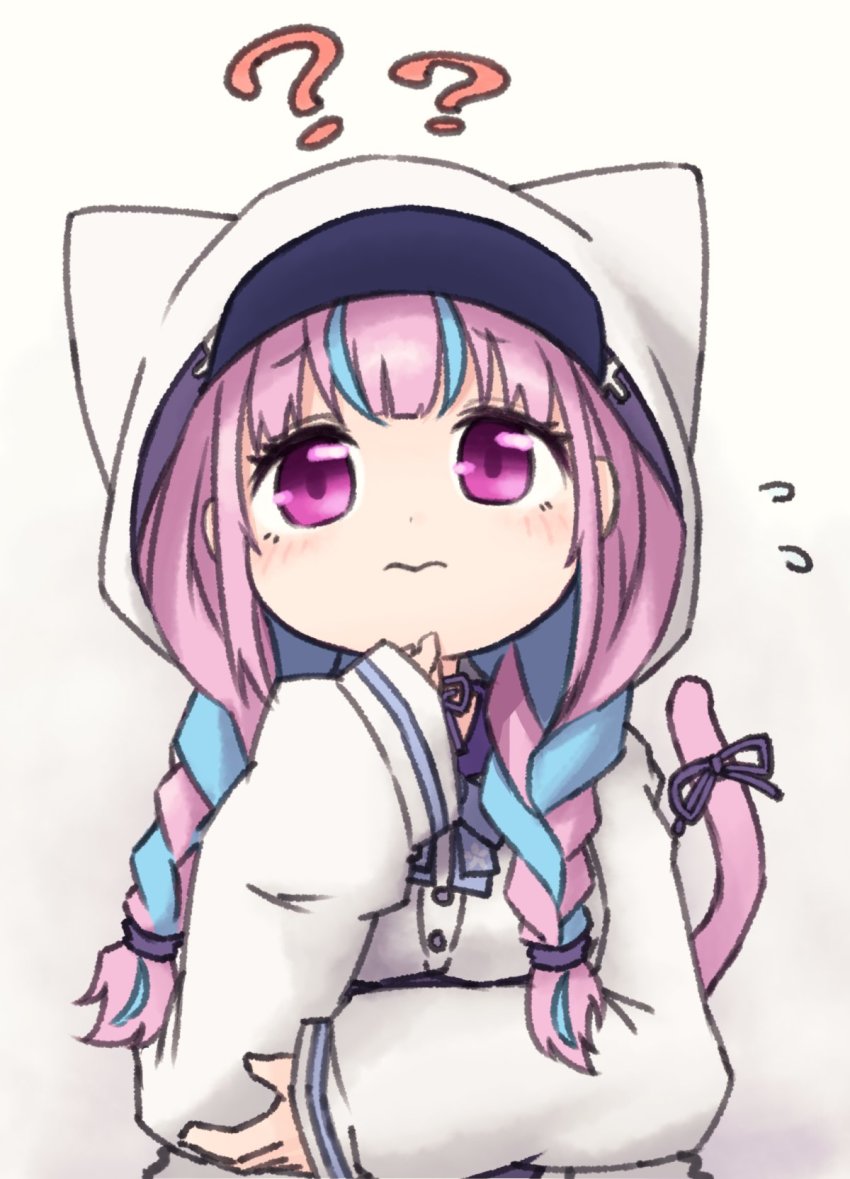 1girl, ?, animal_hood, aqua_hair, braid, cat_girl, cat_hood, cat_tail