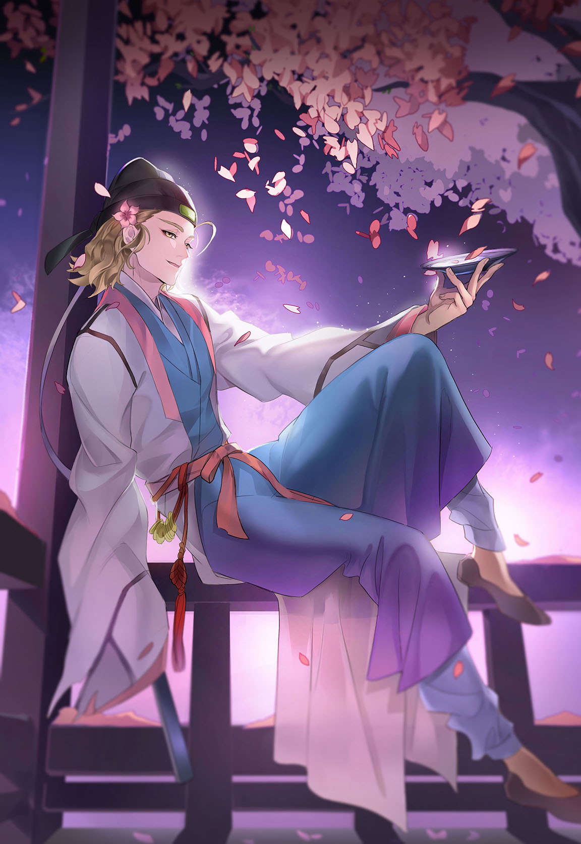 1boy, black_headwear, black_shoes, blonde_hair, blue_robe, blurry, branch, chinese_clothes
