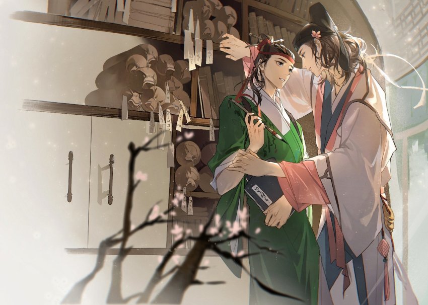 2boys, arm_up, black_headwear, blue_robe, blurry, book, branch, brown_hair