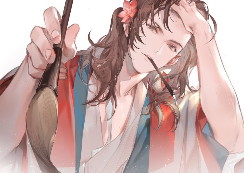 1boy, adjusting_hair, brown_eyes, brown_hair, chinese_clothes, flower, hair_flower, hair_ornament