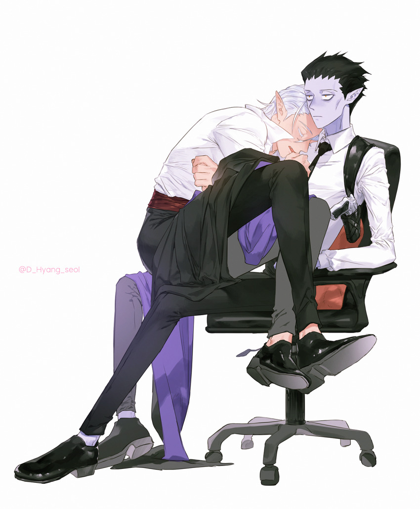 0_0, 2boys, belt, black_hair, cape, colored_skin, draluc_(kyuuketsuki_sugu_shinu), closed_eyes, formal_clothes, gun, highres, kyuuketsuki_sugu_shinu, leeis_cool, male_focus, multiple_boys, pants, pointy_ears, red_eyes, ronaldo_(kyuuketsuki_sugu_shinu), shirt, shoes, short_hair, sitting, sitting_on_person, sleeping, sleeping_on_person, twitter_username, vampire, weapon, white_background, white_hair, yaoi