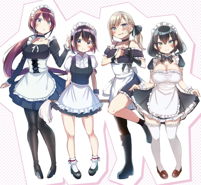 4girls, apron, asymmetrical_footwear, asymmetrical_legwear, bad_girl_(manga), black_bow, black_bowtie, black_hair, blonde_hair, blue_eyes, boots, bow, bowtie, braid, breasts, brown_eyes, character_request, choker, cleavage, colored_inner_hair, commentary_request, corset, detached_collar, dress, four-finger_heart_hands, frilled_dress, frills, gloves, green_eyes, heart, heart_hands, holding_own_dress, juliet_sleeves, knee_boots, large_breasts, long_hair, long_sleeves, maid, maid_headdress, medium_breasts, medium_hair, miniskirt, mizutori_atori, mop, multicolored_hair, multiple_girls, nikumaru, pantyhose, pink_hair, ponytail, puffy_short_sleeves, puffy_sleeves, red_hair, ruriha_rura, short_dress, short_sleeves, single_glove, skirt, standing, standing_on_one_leg, suzukaze_suzu, thighhighs, two-tone_hair, underbust, very_long_hair, waist_apron, wristband, yuutani_yuu, zettai_ryouiki
